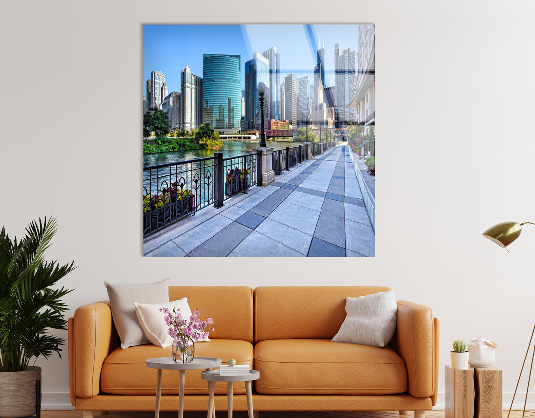 Chicago Riverwalk Glass Wall Art – Stunning View of Downtown Skyscrapers & Waterfront Path