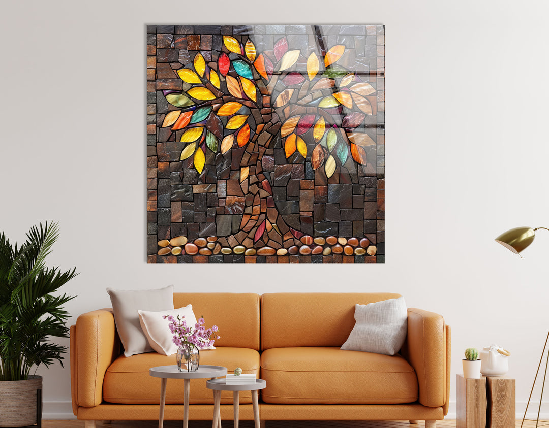 Mosaic Brown Tree Of Life Glass Wall Art print picture on glass, Tempered Glass Wall Art