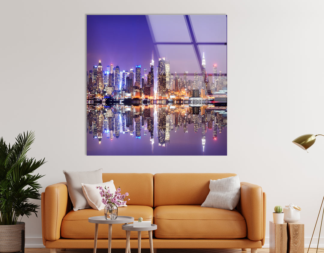 New York City Skyline Glass Wall Art – Iconic Manhattan Skyline with Stunning Waterfront Reflection