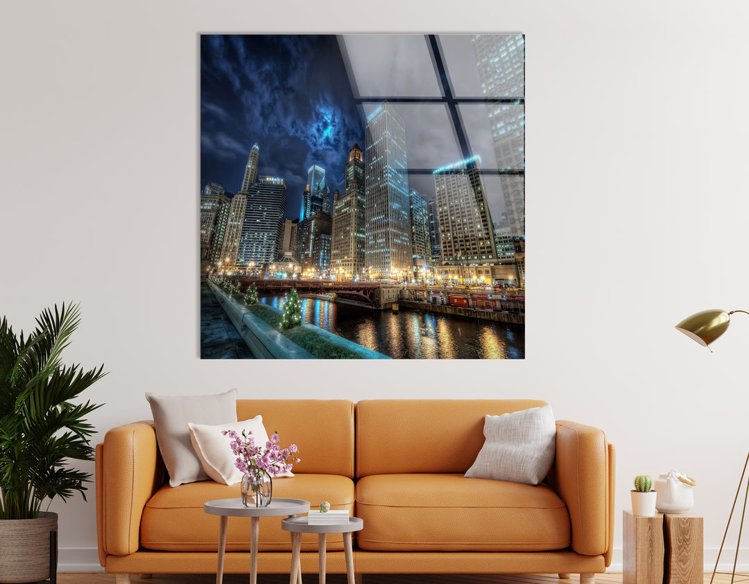 Chicago Skyline Glass Wall Art – Majestic View of Chicago's Iconic River & Skyscrapers at Night