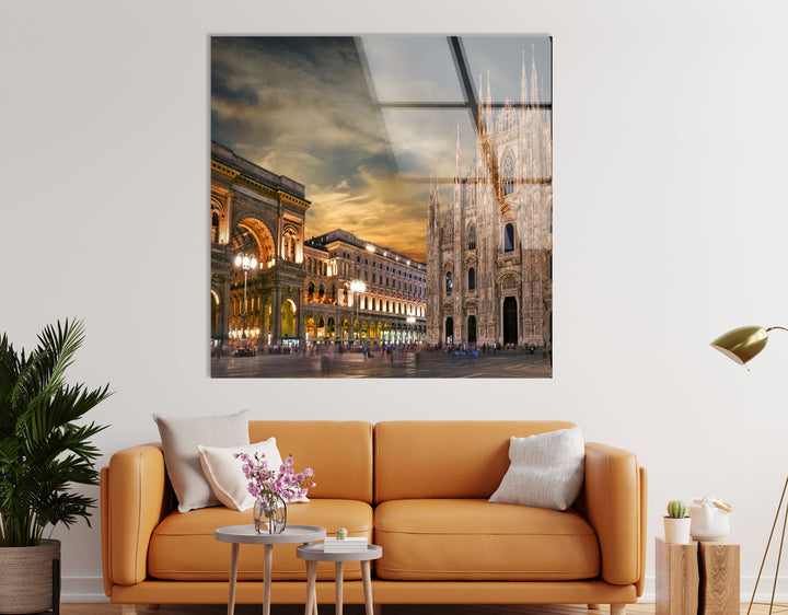 Milan Cityscape Glass Wall Art – Iconic Duomo Cathedral & Galleria Vittorio Emanuele at Dusk