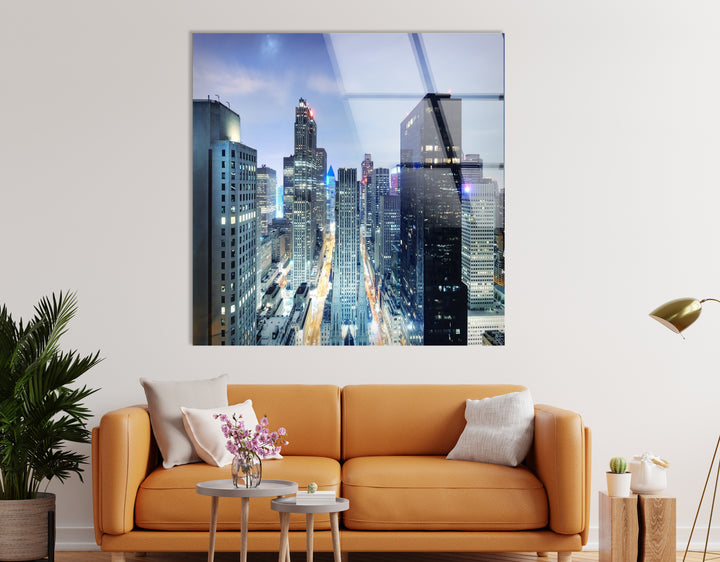 Chicago Skyline Glass Wall Art – Stunning Night View of Downtown Skyscrapers and Streets