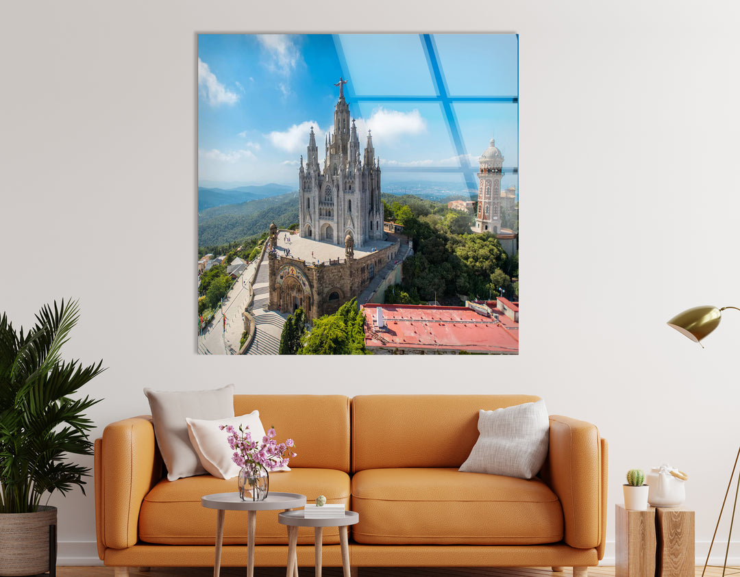 Tibidabo Cathedral Glass Wall Art – Majestic View of Barcelona’s Iconic Mountain & Church