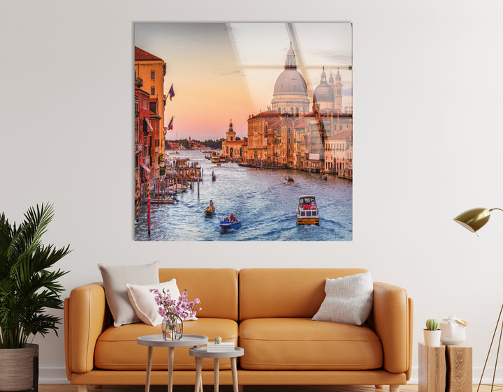 Venice Canal Glass Wall Art – Iconic Grand Canal View at Sunset with Boats