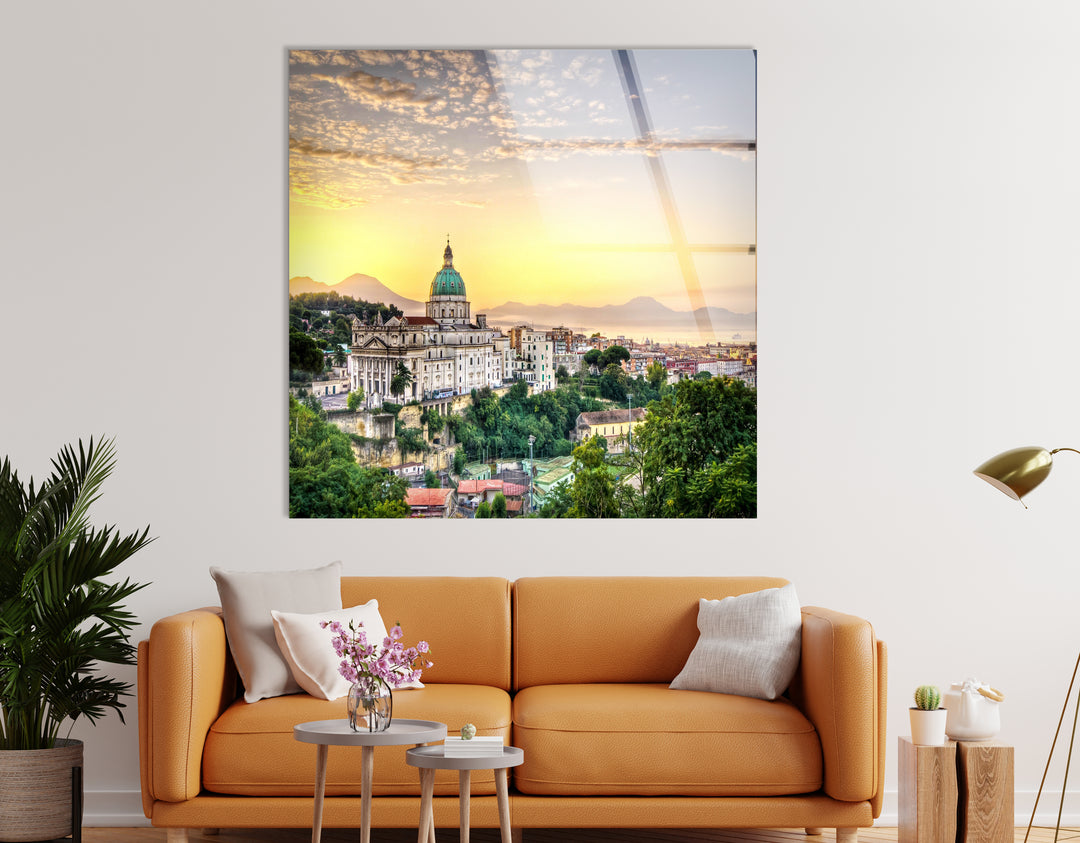 Sunset View of Naples Skyline Glass Wall Art – Iconic Italian Cityscape with Mt. Vesuvius View