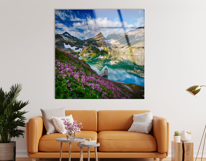 Norwegian Fjord Glass Wall Art – Majestic Mountain with Blossoming Flowers