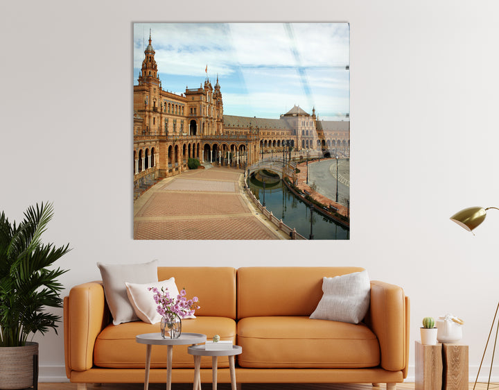 Plaza de España Glass Wall Art – Majestic Spanish Landmark with Scenic Canal View