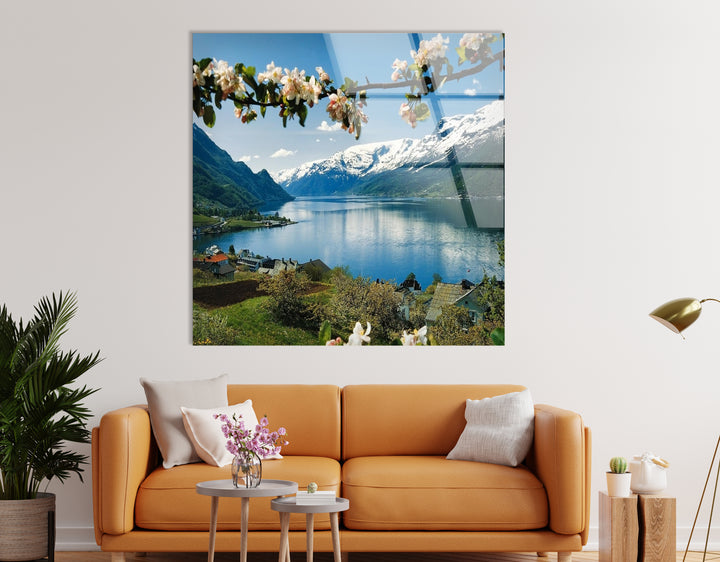 Norwegian Fjord Glass Wall Art – Majestic Mountain & Lake View with Blossoming Flowers