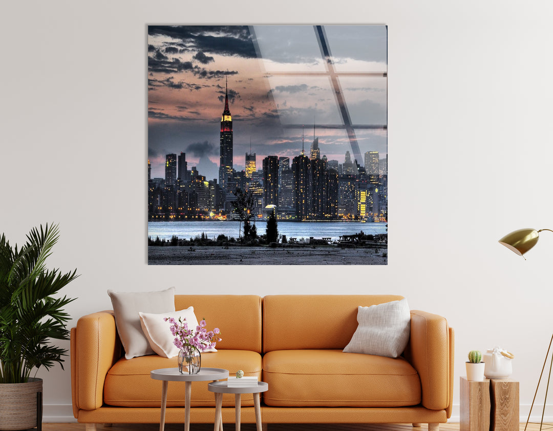 New York City Skyline Glass Wall Art – Stunning Evening View of Empire State Building & Downtown