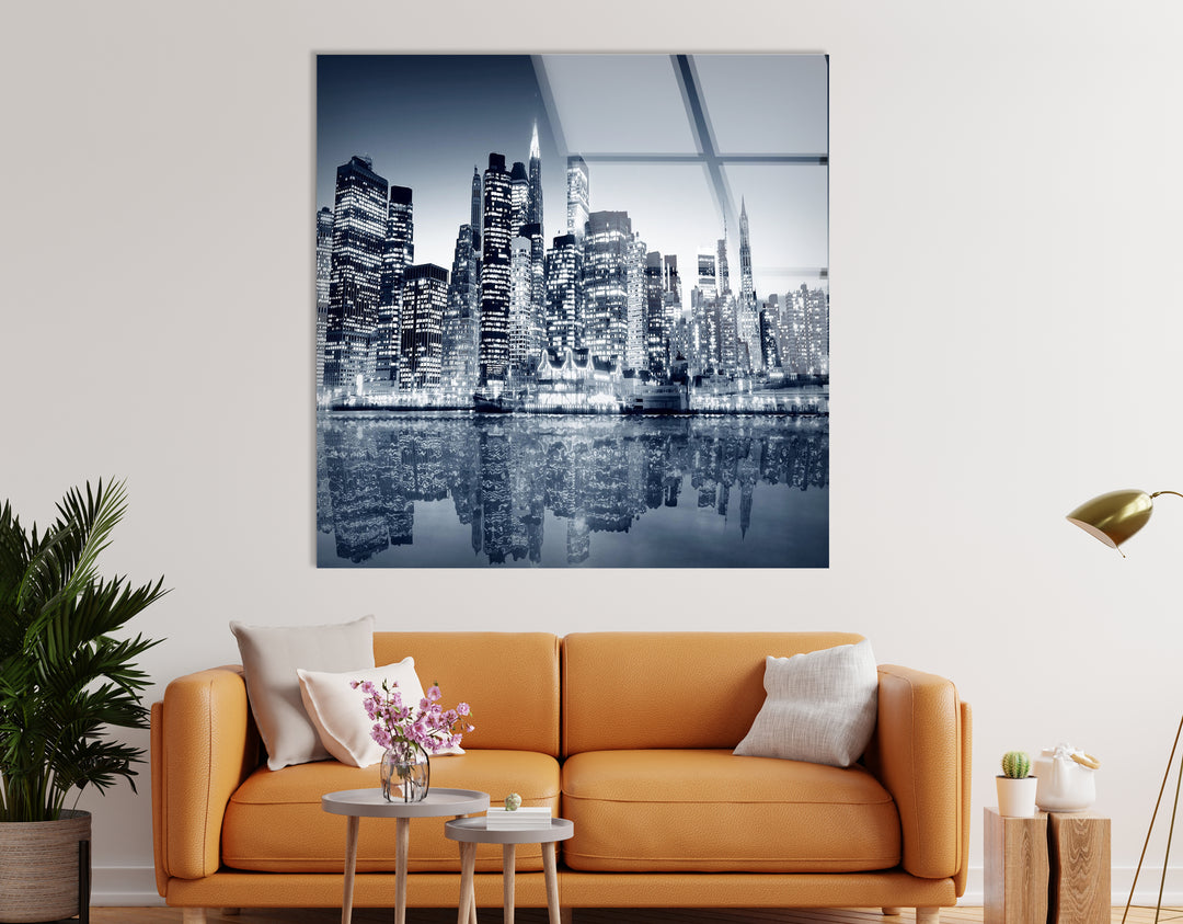 Black and White New York City Skyline Glass Wall Art – Iconic NYC View with Reflections