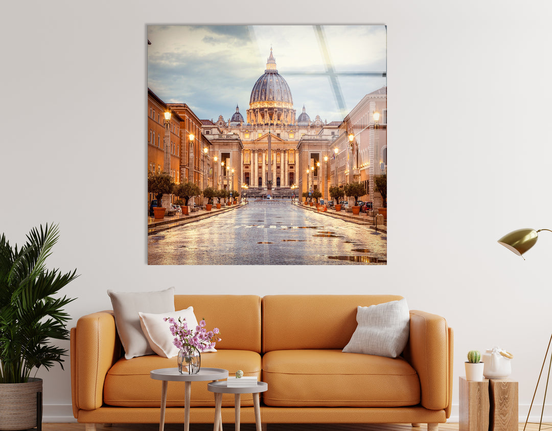 Vatican City Glass Wall Art – Majestic View of St. Peter's Basilica at Dusk