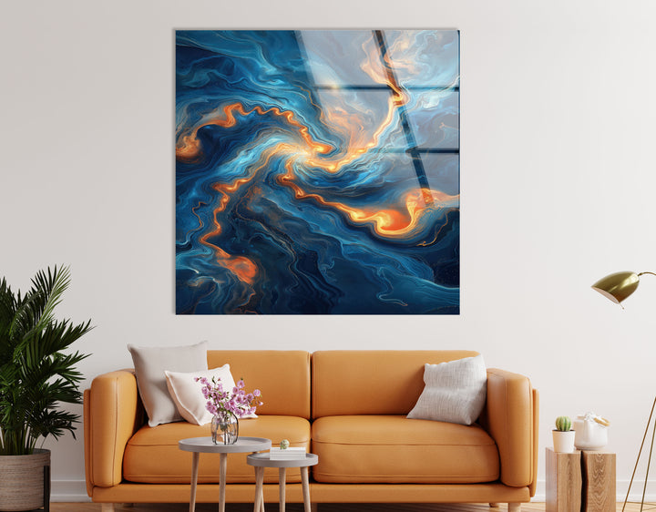 Abstract Swirling Blue and Orange Glass Wall Art glass art painting, glass art for the Wall