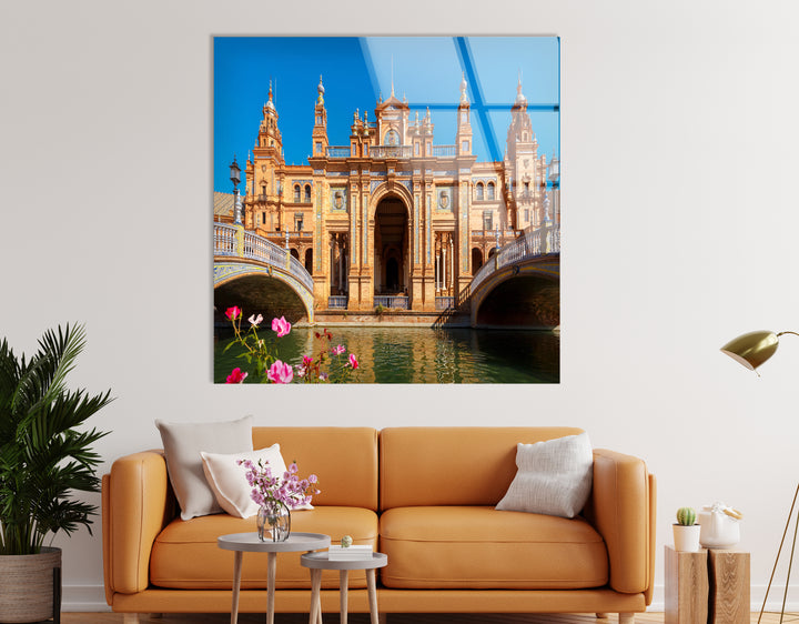 Plaza de España Glass Wall Art – Majestic Spanish Landmark with Scenic Canal