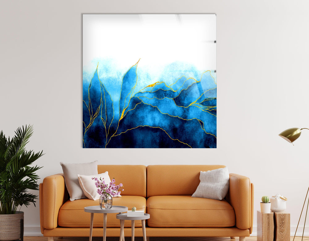 Blue Watercolor Leaves Glass Wall Art, picture on glass wall art, photos printed on glass