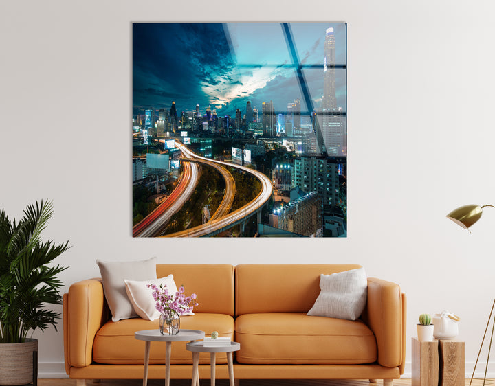 Bangkok Skyline Glass Wall Art – Stunning Night View of Thailand’s Iconic Cityscape