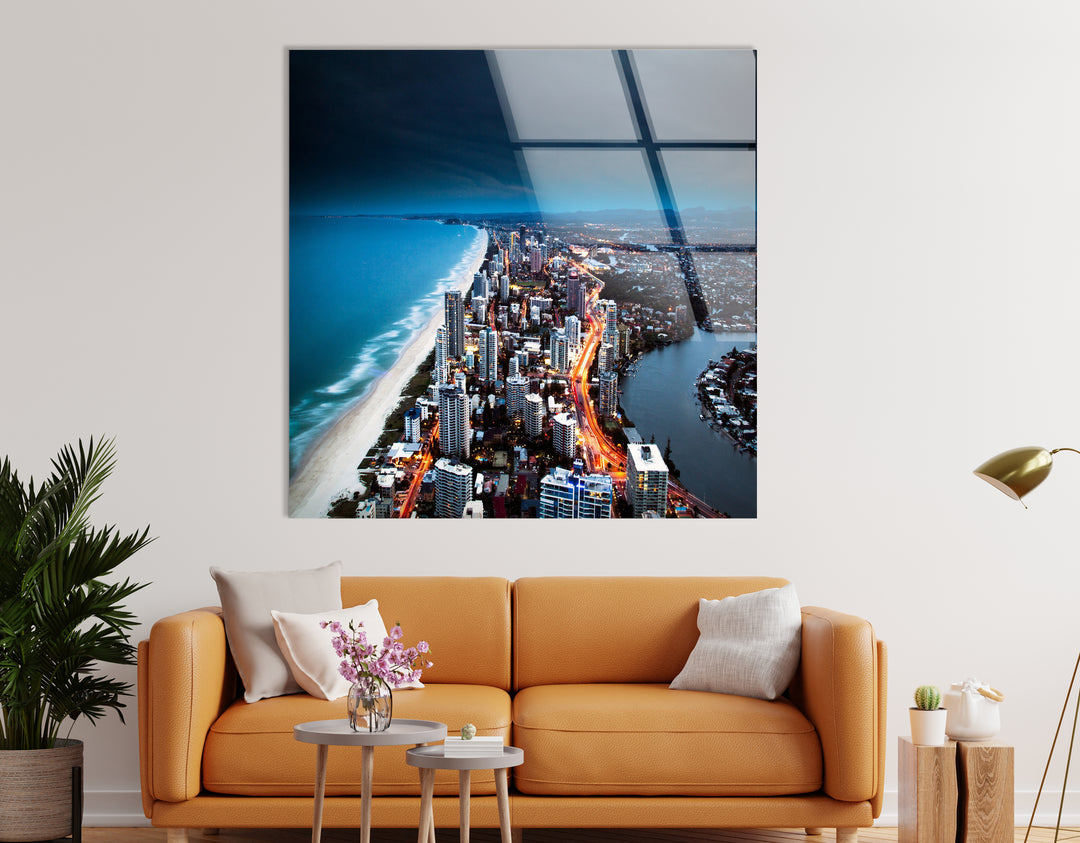 Gold Coast Skyline Glass Wall Art – Majestic View of Australian Coastal City at Night