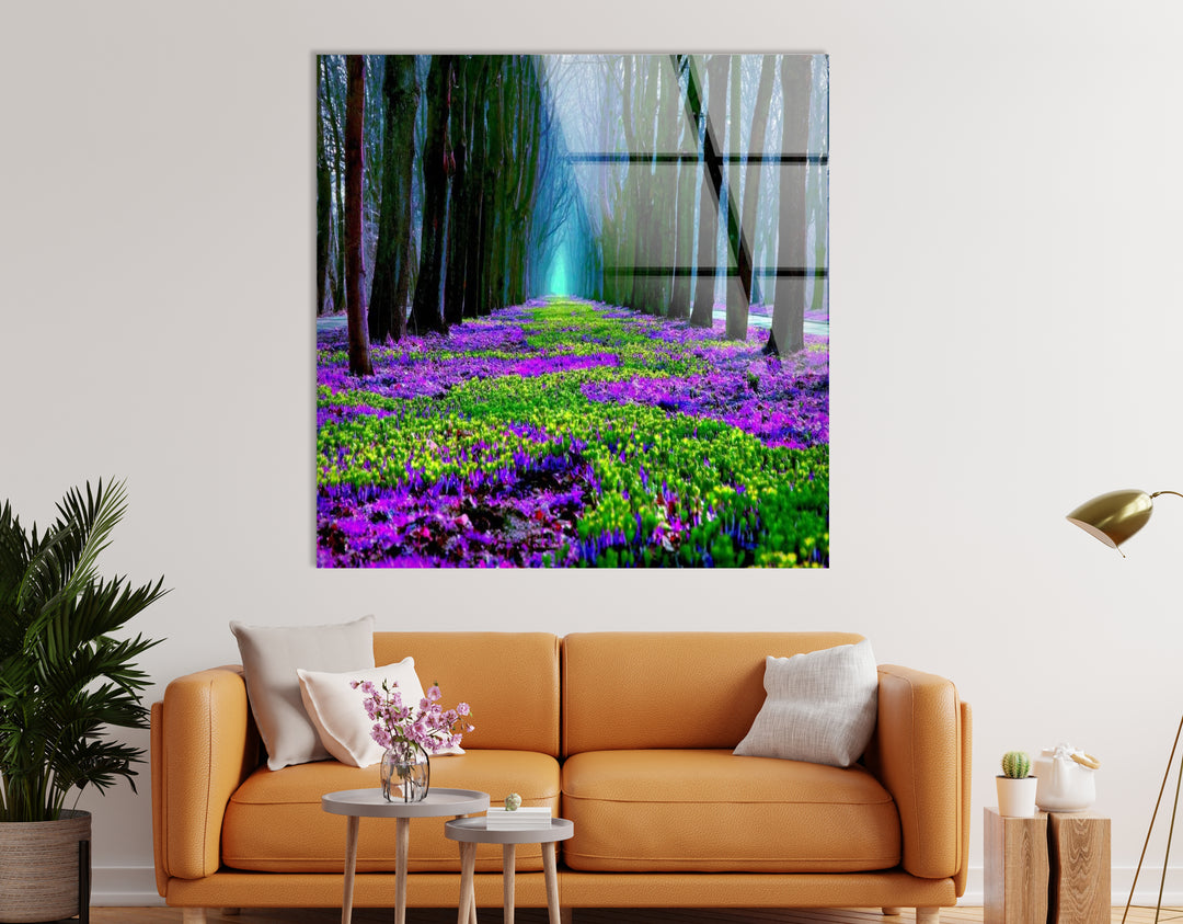 Flower Pathway Glass Wall Art – Serene Spring Landscape with Lush Blooming Flowers