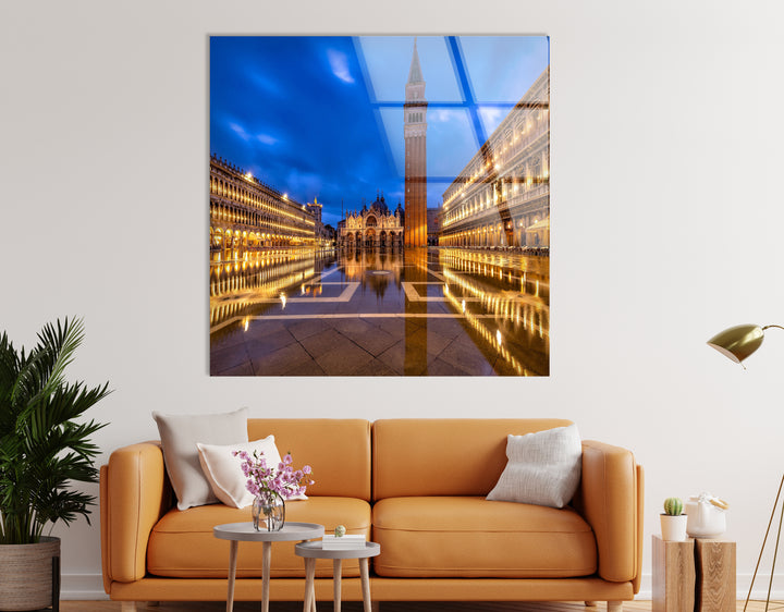 St. Mark's Square Glass Wall Art – Majestic Venice Landmark with Illuminated Campanile Tower