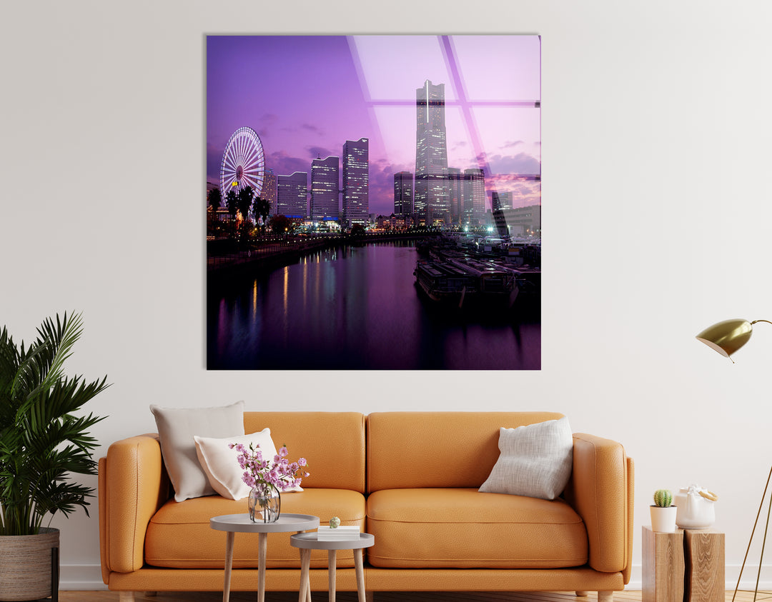 Yokohama City Skyline Glass Wall Art – Stunning Waterfront View with Ferris Wheel at Sunset