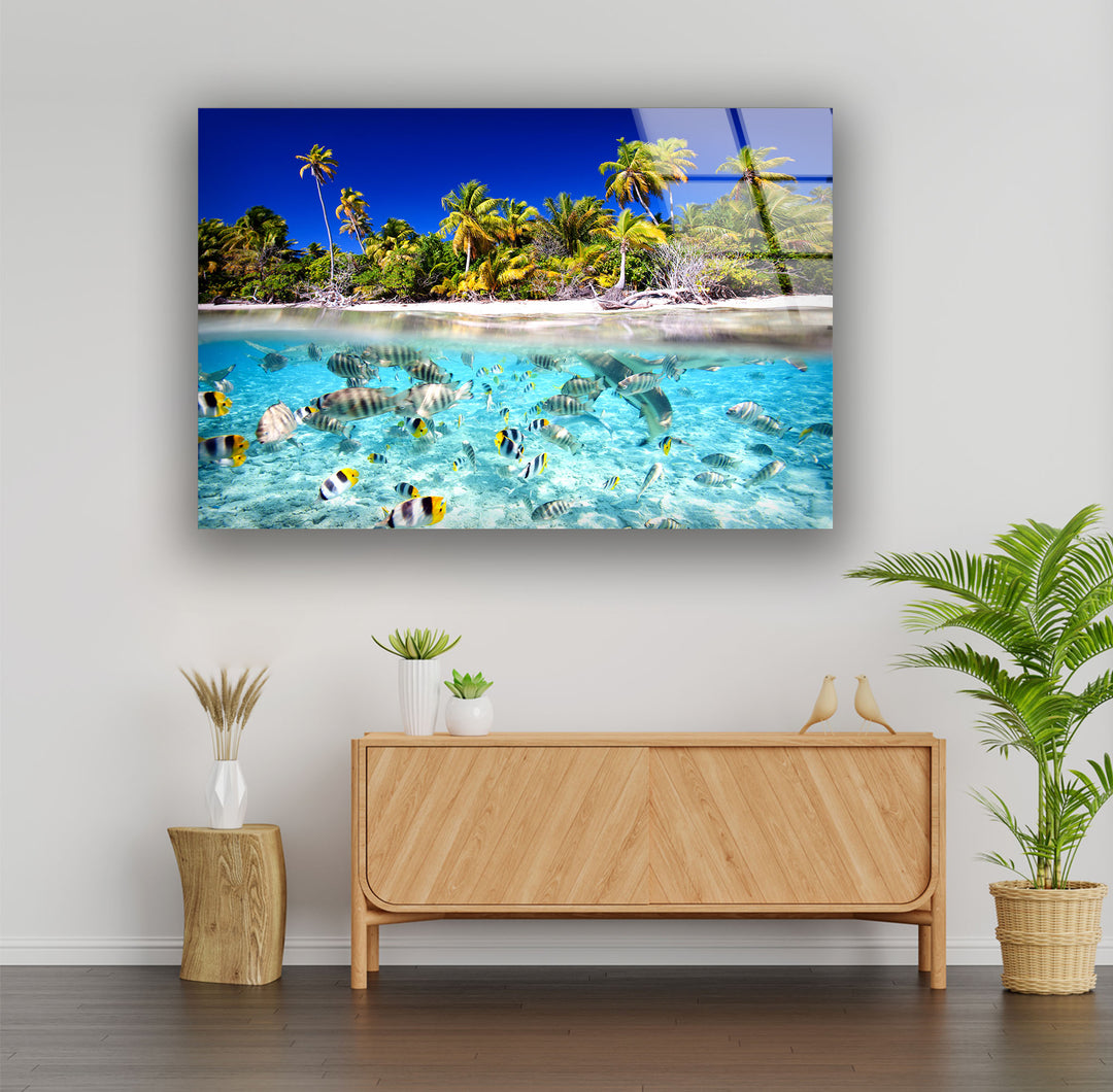 Tropical Fish & Palm Trees Glass Wall Art