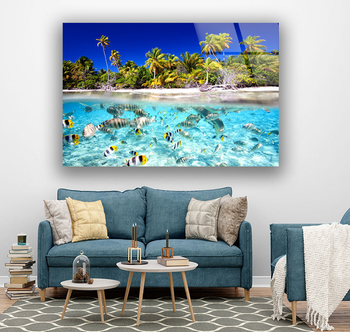 Tropical Fish & Palm Trees Glass Wall Art