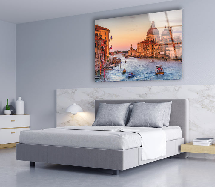 Venice Canal Glass Wall Art – Iconic Grand Canal View at Sunset with Boats