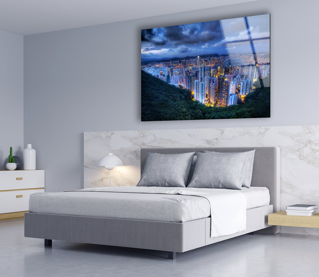 Hong Kong Skyline Glass Wall Art – Stunning View of City Lights & Harbor at Dusk