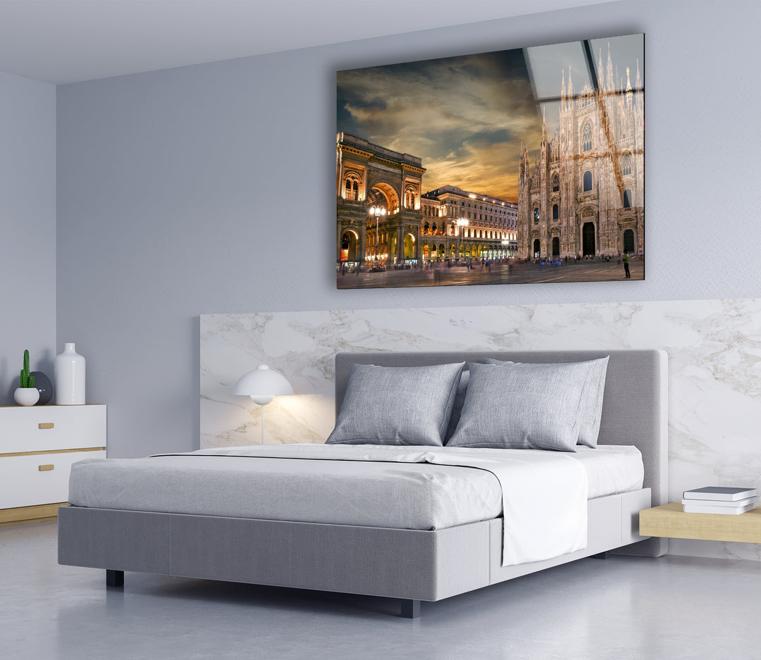 Milan Cityscape Glass Wall Art – Iconic Duomo Cathedral & Galleria Vittorio Emanuele at Dusk