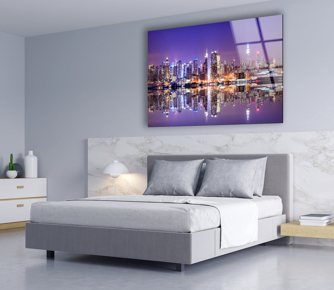 New York City Skyline Glass Wall Art – Iconic Manhattan Skyline with Stunning Waterfront Reflection