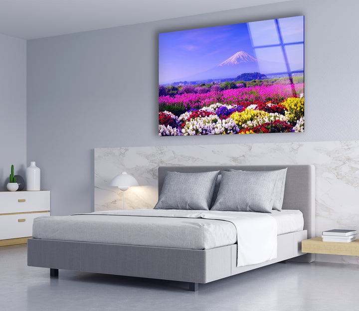 Mount Fuji and Flower Field Glass Wall Art – Majestic View of Japan’s Iconic Mountain & Blossoming Landscape