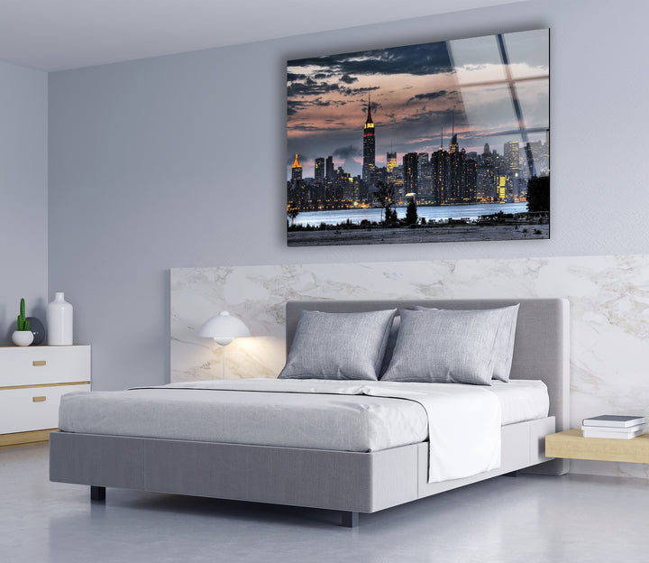 New York City Skyline Glass Wall Art – Stunning Evening View of Empire State Building & Downtown