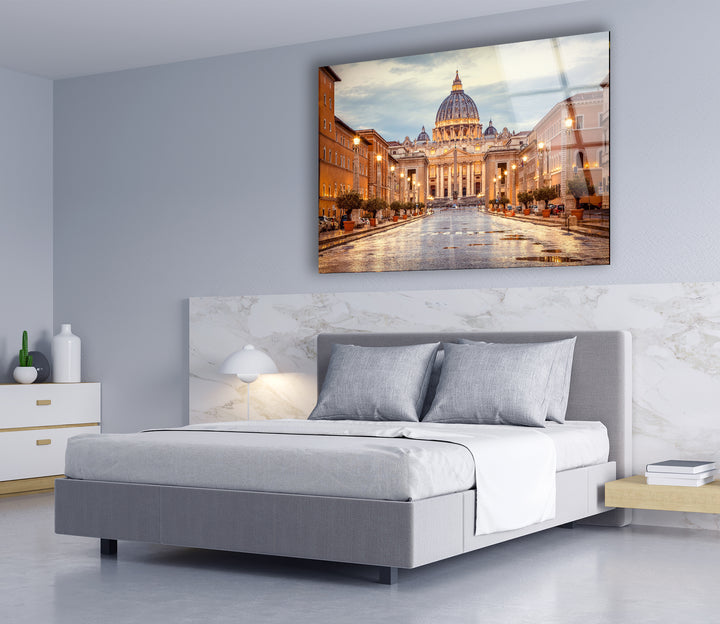 Vatican City Glass Wall Art – Majestic View of St. Peter's Basilica at Dusk