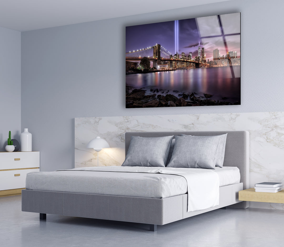 Brooklyn Bridge Glass Wall Art – Breathtaking NYC Skyline with Tribute in Light