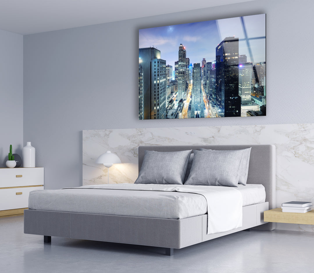 Chicago Skyline Glass Wall Art – Stunning Night View of Downtown Skyscrapers and Streets