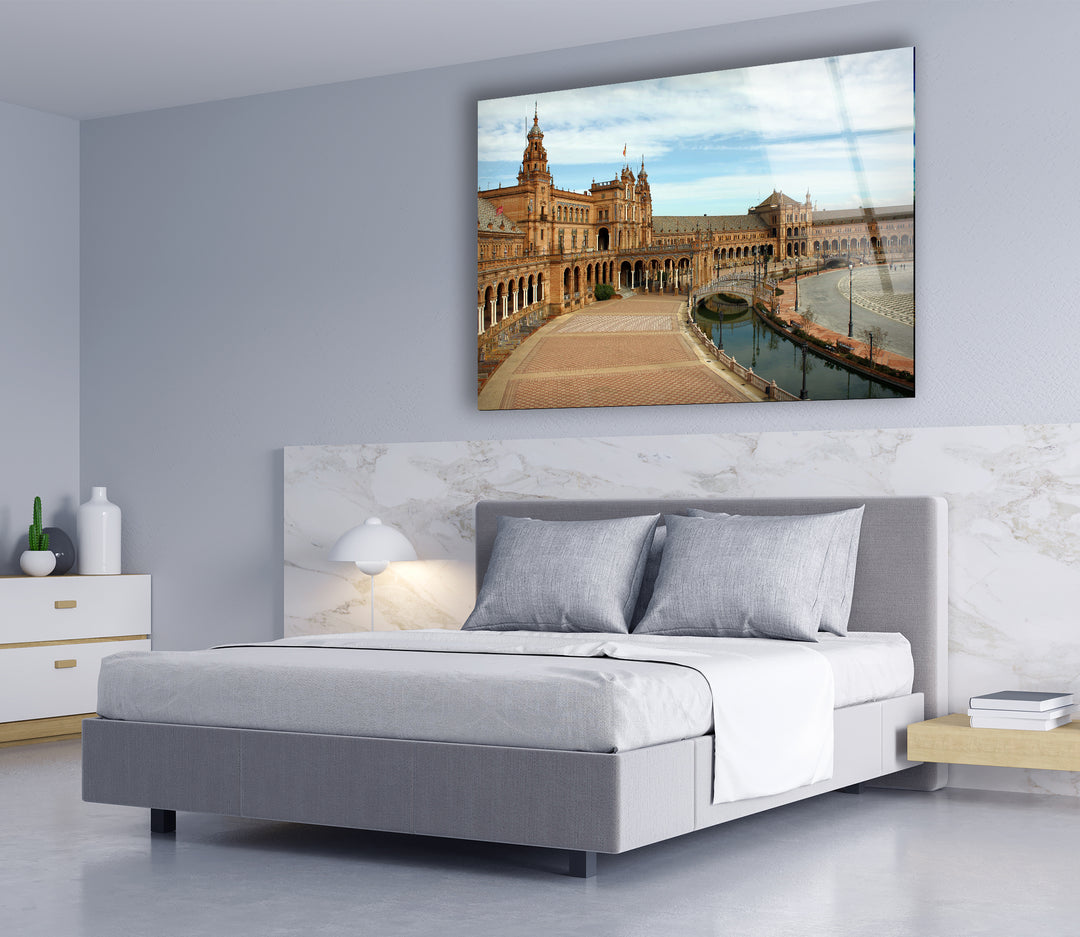 Plaza de España Glass Wall Art – Majestic Spanish Landmark with Scenic Canal View