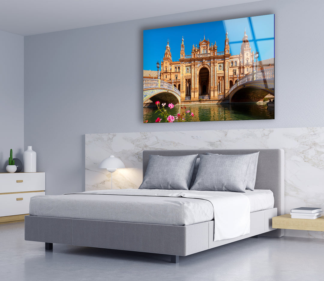 Plaza de España Glass Wall Art – Majestic Spanish Landmark with Scenic Canal