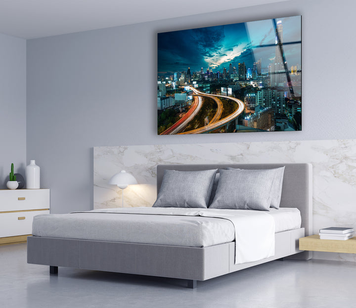 Bangkok Skyline Glass Wall Art – Stunning Night View of Thailand’s Iconic Cityscape