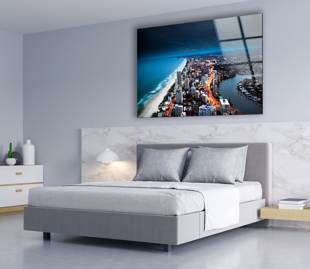 Gold Coast Skyline Glass Wall Art – Majestic View of Australian Coastal City at Night