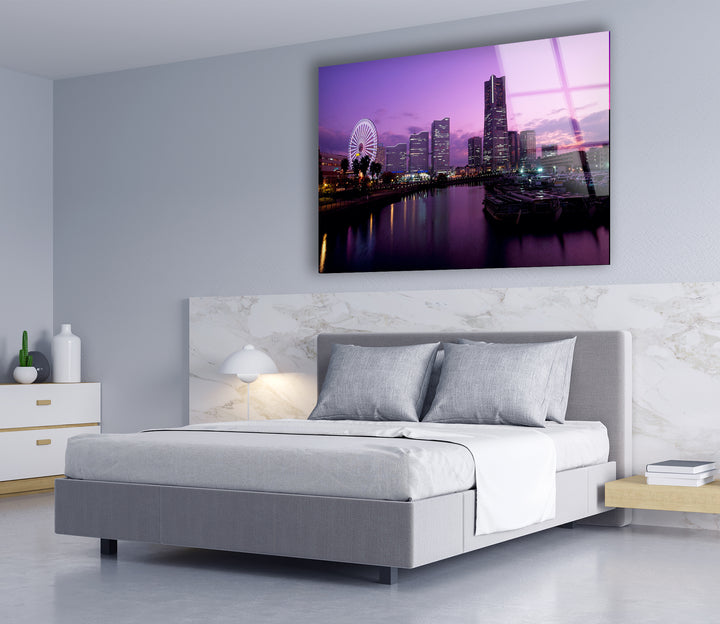 Yokohama City Skyline Glass Wall Art – Stunning Waterfront View with Ferris Wheel at Sunset