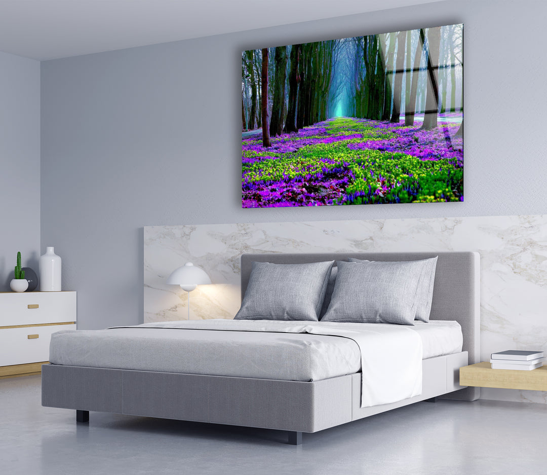 Flower Pathway Glass Wall Art – Serene Spring Landscape with Lush Blooming Flowers