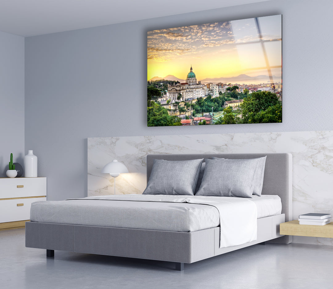 Sunset View of Naples Skyline Glass Wall Art – Iconic Italian Cityscape with Mt. Vesuvius View