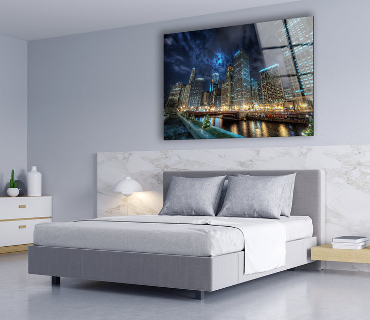 Chicago Skyline Glass Wall Art – Majestic View of Chicago's Iconic River & Skyscrapers at Night