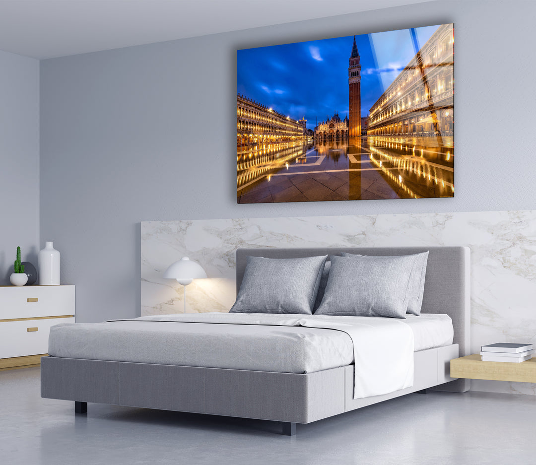 St. Mark's Square Glass Wall Art – Majestic Venice Landmark with Illuminated Campanile Tower