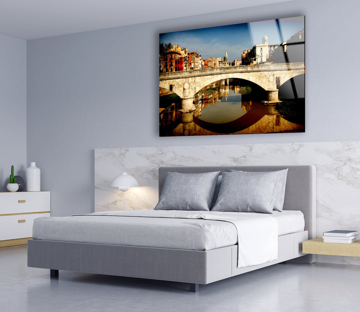 Girona Bridge Glass Wall Art – Scenic View of Spanish City with Reflection in River