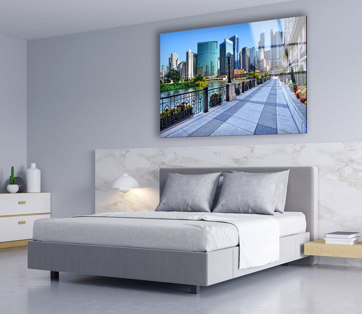 Chicago Riverwalk Glass Wall Art – Stunning View of Downtown Skyscrapers & Waterfront Path