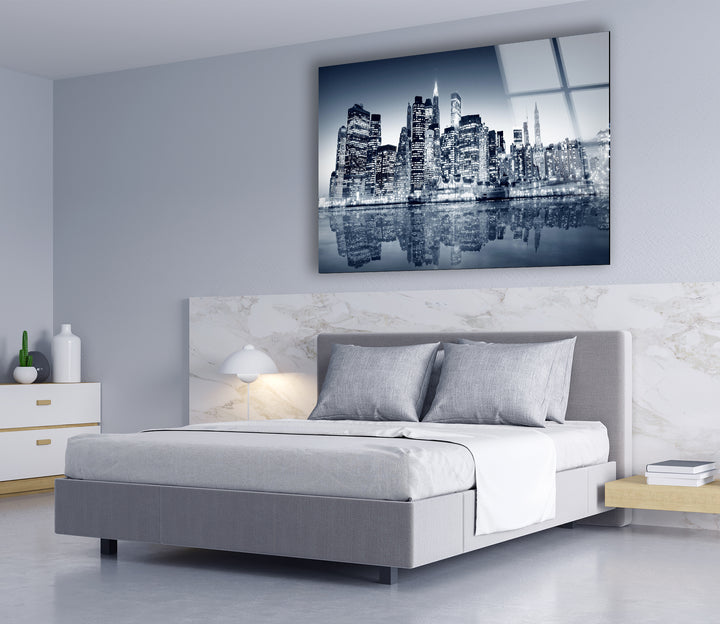 Black and White New York City Skyline Glass Wall Art – Iconic NYC View with Reflections