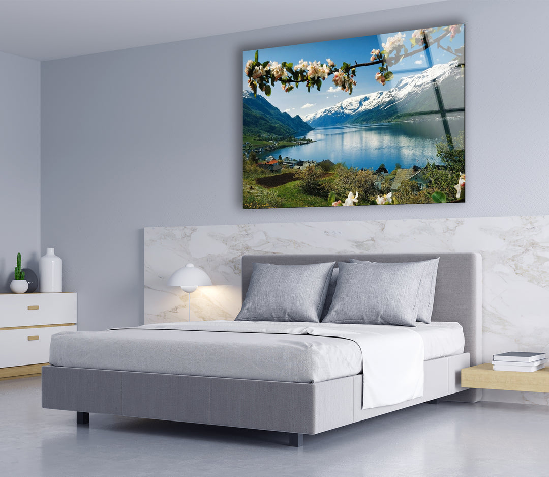 Norwegian Fjord Glass Wall Art – Majestic Mountain & Lake View with Blossoming Flowers