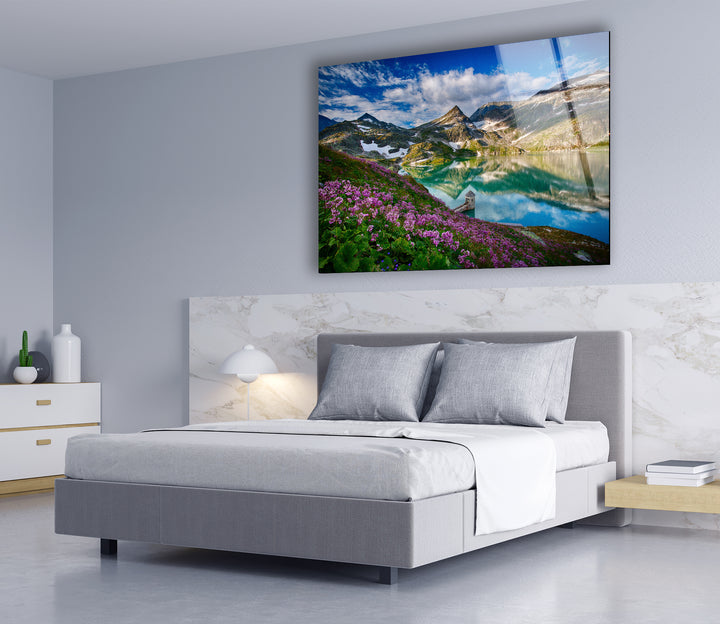 Norwegian Fjord Glass Wall Art – Majestic Mountain with Blossoming Flowers