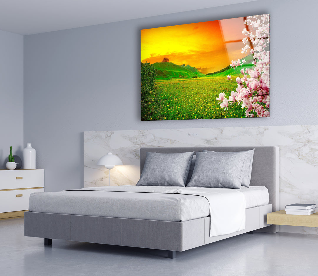 Sunset Meadow Glass Wall Art – Beautiful Spring Landscape with Blossoming Flowers