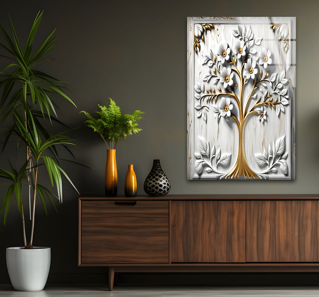 White Flower Tree Glass Wall Art glass pictures for Wall, glass prints wall art
